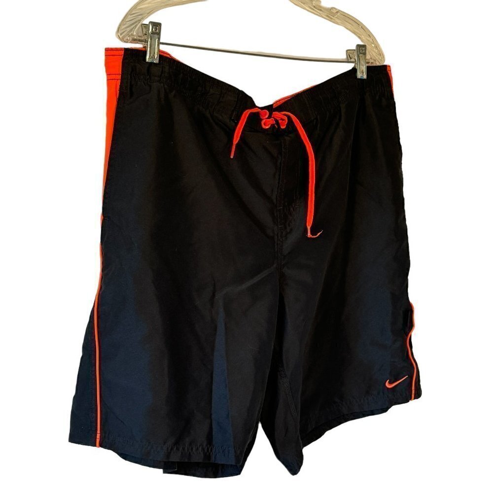 Nike Men's Board Shorts Black with Orange Trim Swoosh and Drawstring Size Large